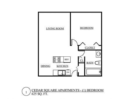 Floor plan for 1 bed, 1 bath, 625 sqft